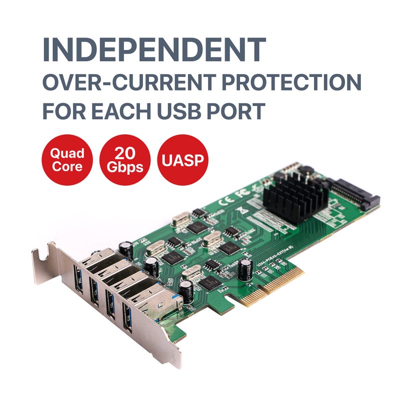 SIIG 4 Port USB 3.0 PCIe Card with 4 Dedicated 5Gbps Channels (USB 3.2 Gen 1) - Quad Core 20Gbps - UASP - SATA Power (JU-P40811-S1 - Image 2